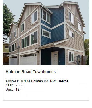 Photo of Holman Road Townhomes. Address: 10134 Holman Rd. NW, Seattle. Year: 2008. Units: 18.