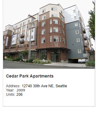 Photo of Cedar Park Apartments. Address: 12740 30th Ave NE, Seattle. Year: 2009.
