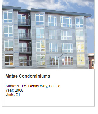 Architect rendering of Matae Condominiums. Address: 159 Denny Way, Seattle. Year: 2006. Units: 81.