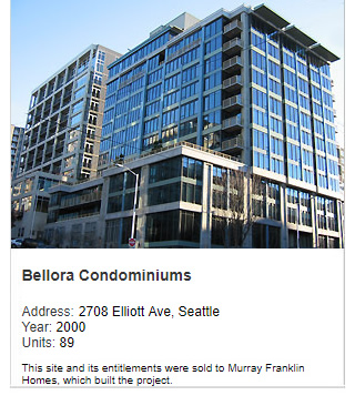 Photo of Bellora Condominiums. Address: 2708 Elliott Ave, Seattle. Year: 2000. Units: 89. Value: $45 million. Note: This site and its entitlements were sold to Murray Franklin Homes, which built the project.
