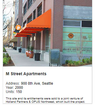 Photo of M Street Apartments. Address: 900 8th Ave, Seattle. Year: 2000, Units: 150. Value: $80 million. Note: This site and its entitlements were sold to Holland Partners & OPUS Northwest, which built the project.