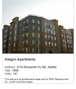 Photo of Allegro Apartments. Address: 4115 Roosevelt Way NE, Seattle. Year: 1999. Units: 141, Value: $20 million. Note: This site and its entitlements were sold to SRM Development Co., which built the project.