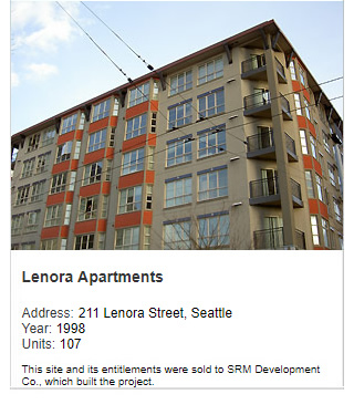 Photo of Lenora Apartments. Address: 211 Lenora Street, Seattle. Year: 1998. Units: 107. Value: $25 million. Note: This site and its entitlements were sold to SRM Development Co., which built the project.