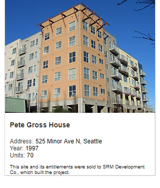 Photo of Pete Gross House. Address: 525 Minor Ave N, Seattle. Year: 1997. Units: 70. Value: $15 million. Note: This site and its entitlements were sold to SRM Development Co., which built the project.
