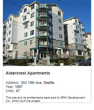 Photo of Aldercrest Apartments. Address: 303 10th Ave, Seattle. Year: 1997. Units: 47, Value: $8 million. Note: This site and its entitlements were sold to SRM Development Co., which built the project.