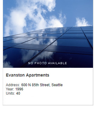 No photo available, Evanston Apartments. Address: 600 N 85th Street, Seattle. Year: 1996. Units: 40. Value: $5 million.