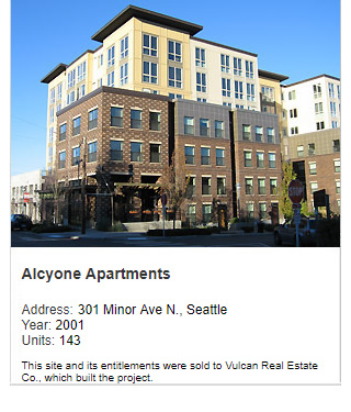 Photo of Alycone Apartments. Address: 301 Minor Ave N., Seattle. Year: 2001. Units: 143. Value: $40 million. Note: This site and its entitlements were sold to Vulcan Real Estate Co., which built the project.