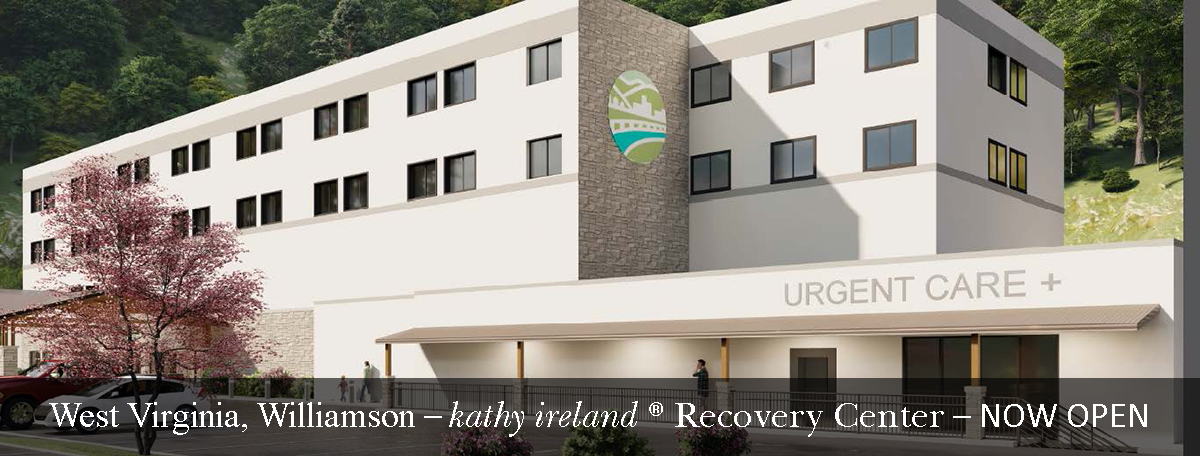 Photo of Williamson Memorial Hospital. Text on the photo says West Virginia, Williamson - Kathy Ireland Recovery Center - NOW OPEN