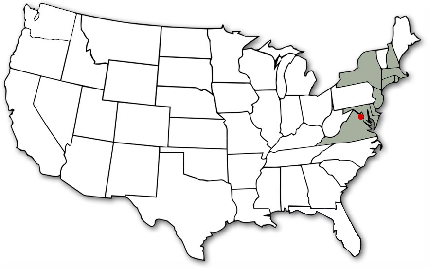 USA map with the states Connecticut, Delaware, Maryland, Massachusetts, New Jersey, New Hampshire, New York, Rhode Island, Virginia, and Washington D.C. highlighted