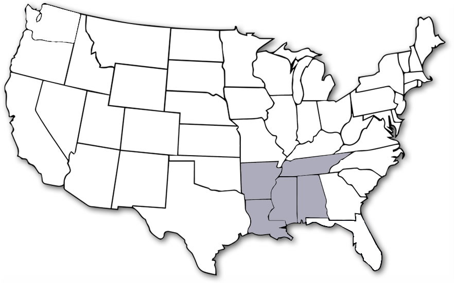 USA map with the states Alabama, Arkansas, Louisiana, Mississippi, and Tennessee highlighted
