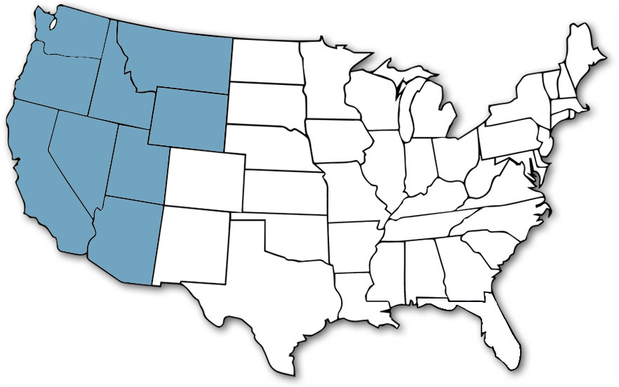 USA map with the states Washington, Oregon, California, Nevada, Montana, Idaho, Utah, Wyoming and Arizona highlighted